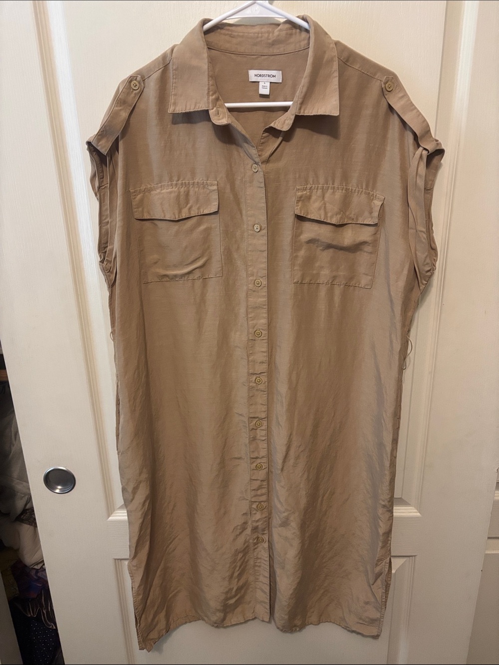 Nordstrom Beige/Tan Sleeveless Linen Blend Button-Front Shirt Dress